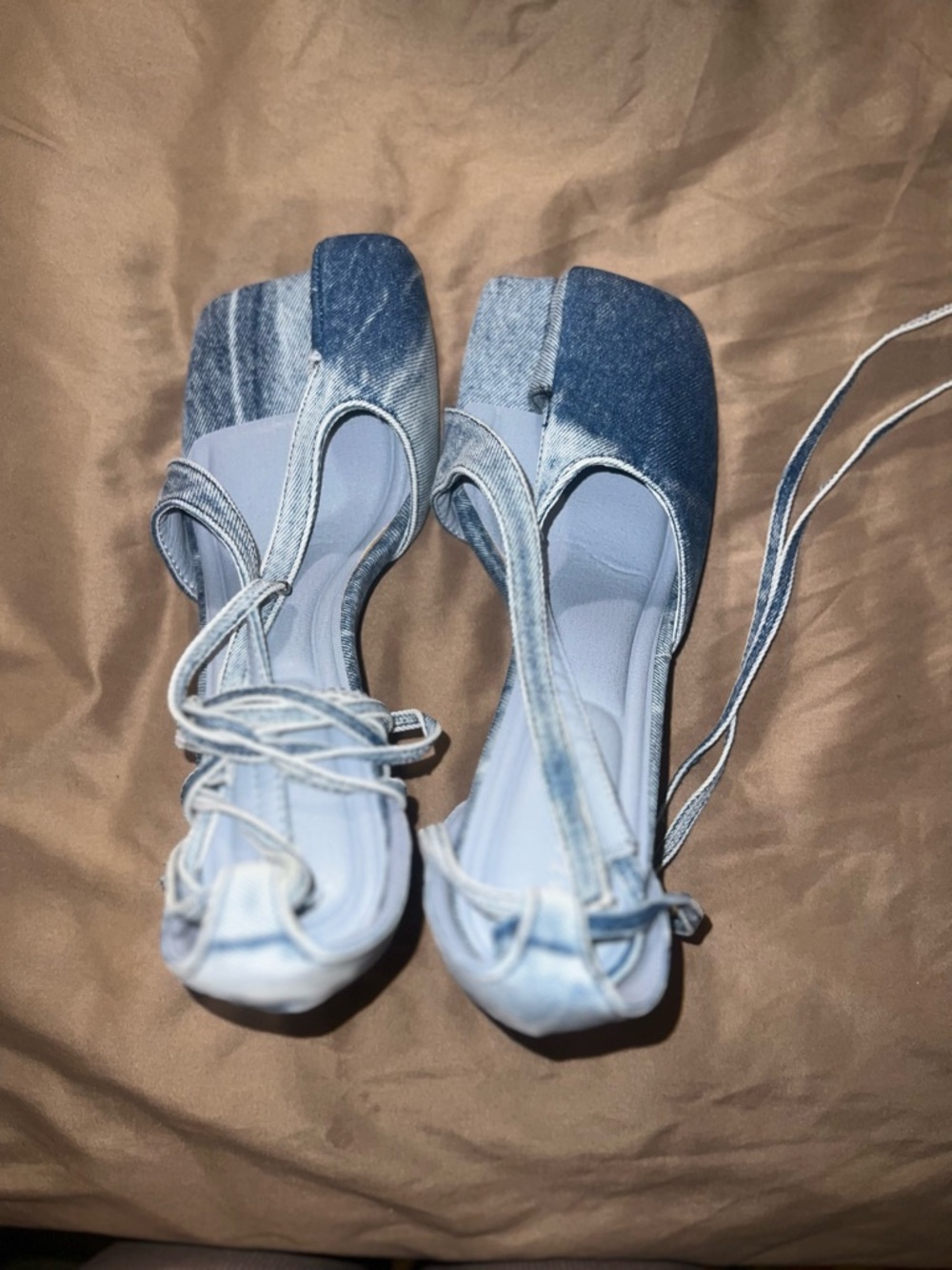 Denim Square-Toe Lace-Up Heels in Light Blue